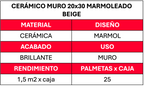 Cerámica muro 20 X 30 Marmol Beige (1.5 M2 x Caja)