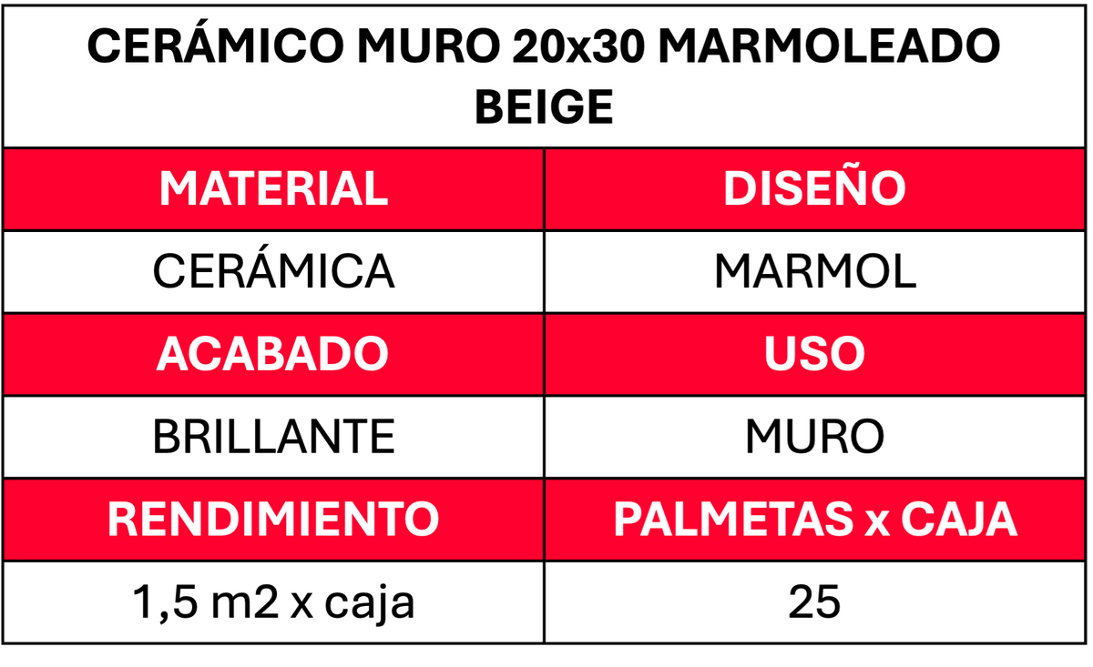 Cerámica muro 20 X 30 Marmol Beige (1.5 M2 x Caja)