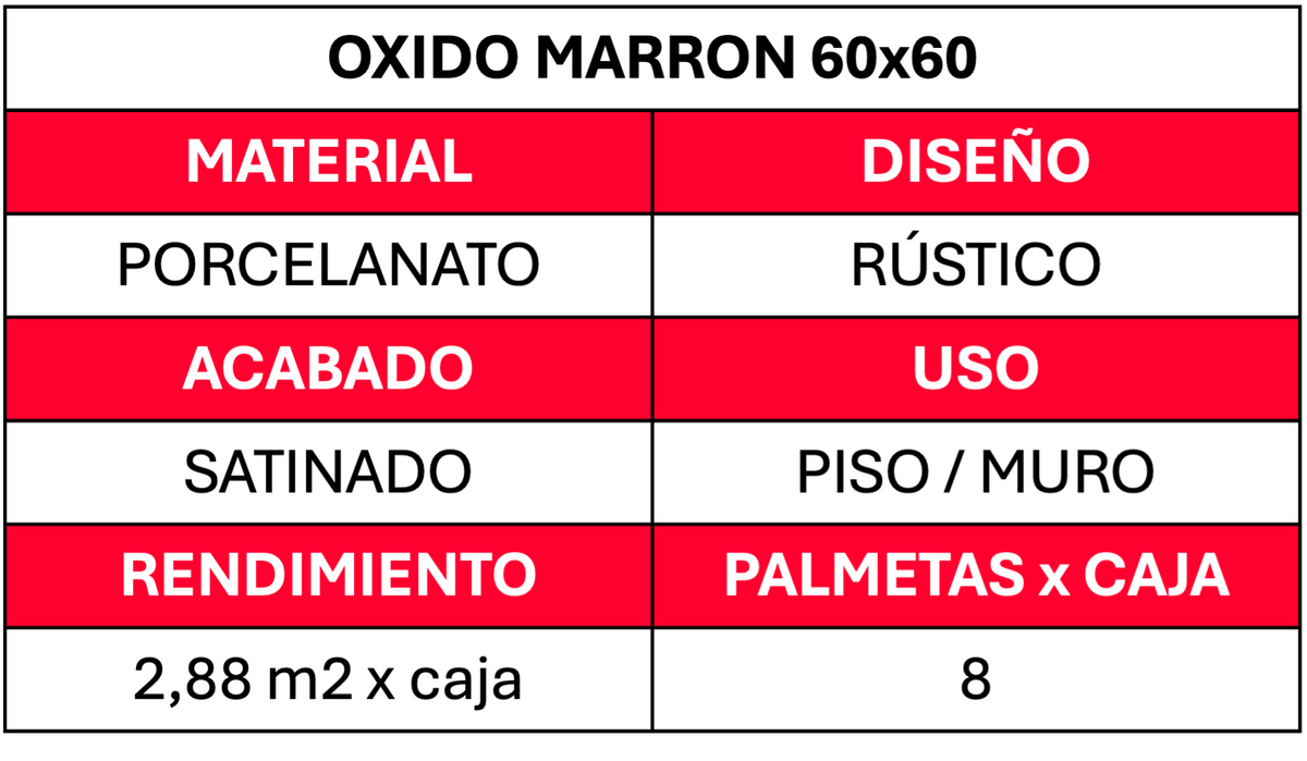 Porcelanato 60x60 Oxido Marron H5 1ra (2.88m2xcj)